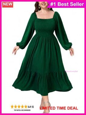 Plus Size Chiffon Midi Dress Square Neck Lantern Sleeve Boho Wedding Guest